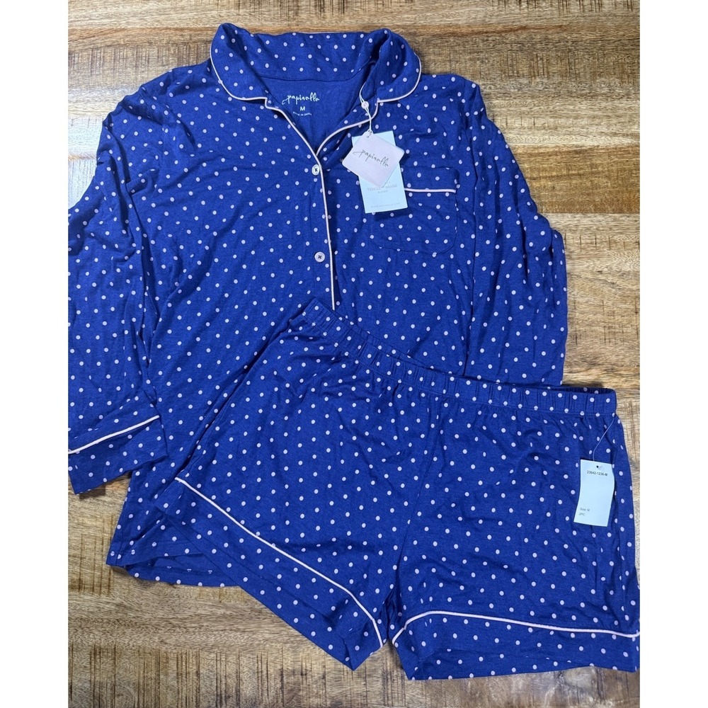 Papinelle Pajama Set Womens M Blue Polka Dot Modal Anthro Style NWT